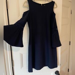 Navy Eliza J Dress with Exposed Shoulder, Bell Sleeves and Lace Detail